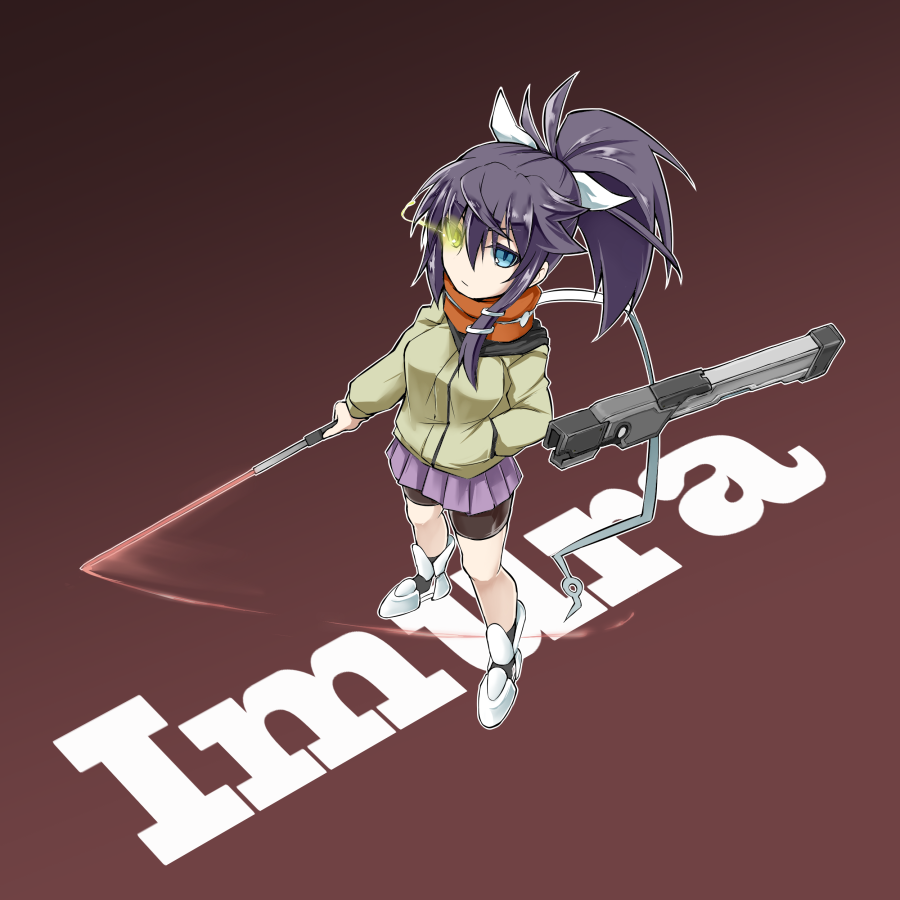 1girl armor armored_boots bike_shorts boots character_name energy_sword glowing glowing_eye hair_ornament hand_in_pocket heterochromia imura_(shiro_maru) jacket long_hair looking_at_viewer looking_up original pleated_skirt ponytail purple_hair scarf sheath shiro_maru shorts_under_skirt skirt solo standing sword weapon