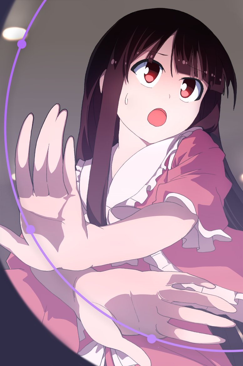 1girl :o black_hair foreshortening hands houraisan_kaguya japanese_clothes long_hair maimai_(game) nurupo_(abooon) open_hands open_mouth sleeves_rolled_up solo sweat touhou