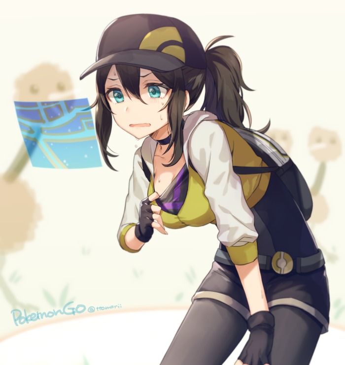 10s 1girl baseball_cap belt black_gloves black_hair black_legwear blue_eyes blush breasts choker cleavage commentary_request copyright_name doduo dripping female_protagonist_(pokemon_go) fingerless_gloves gloves hat holographic_interface hood hoodie hot leaning_forward legwear_under_shorts long_hair open_mouth pantyhose pokemon pokemon_go ponytail pulling resting shirt_pull shorts solo sweat sweating twitter_username veryberry00