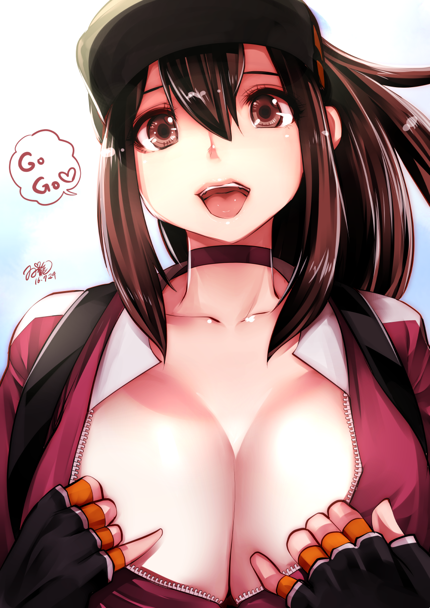 10s 1girl artist_name baseball_cap breasts brown_eyes brown_hair choker cleavage collarbone commentary_request dated female_protagonist_(pokemon_go) fingerless_gloves gloves hat highres large_breasts lips long_hair looking_at_viewer open_clothes open_mouth open_shirt pokemon pokemon_go ponytail shirt simple_background solo souryu speech_bubble teeth unzipped upper_body
