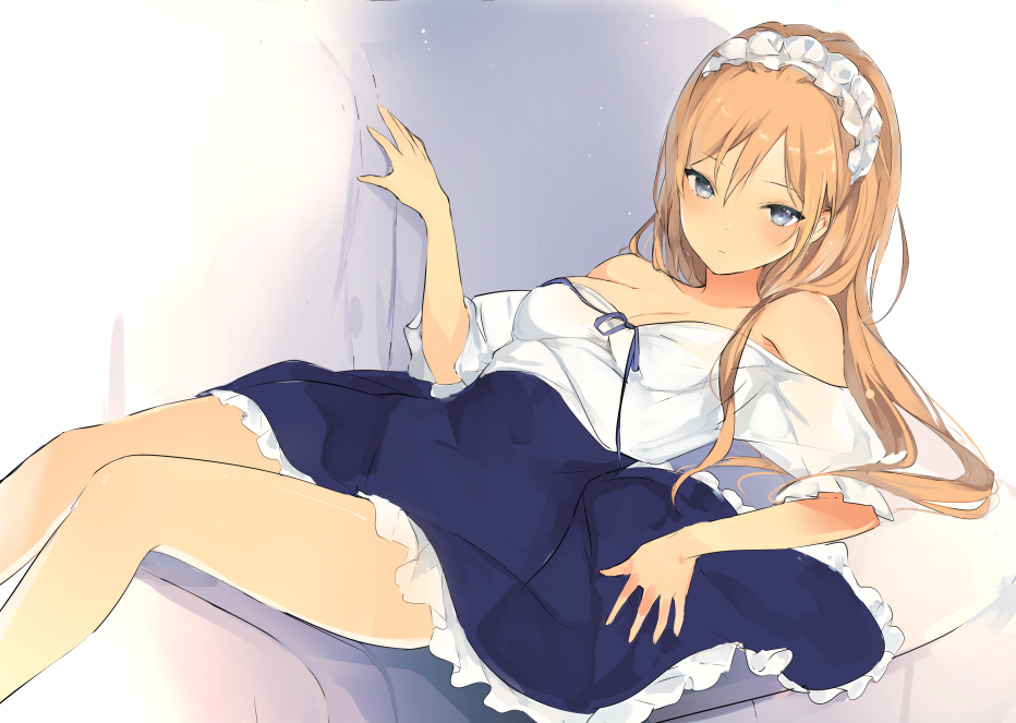 1girl bare_legs bare_shoulders blonde_hair blue_eyes blue_ribbon blue_skirt breasts cleavage closed_mouth collarbone couch expressionless frilled_skirt frills hairband high-waist_skirt long_hair looking_at_viewer lp_(hamasa00) lpip lying medium_breasts off-shoulder_shirt on_back on_couch ribbon see-through shirt skirt solo white_shirt