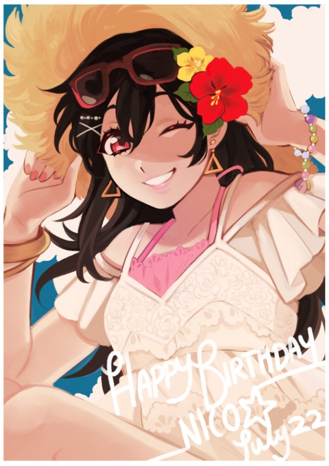 1girl azolitmin black_hair bracelet dated earrings english glasses_on_head happy_birthday hat jewelry looking_at_viewer love_live! love_live!_school_idol_project one_eye_closed red_eyes smile solo yazawa_nico