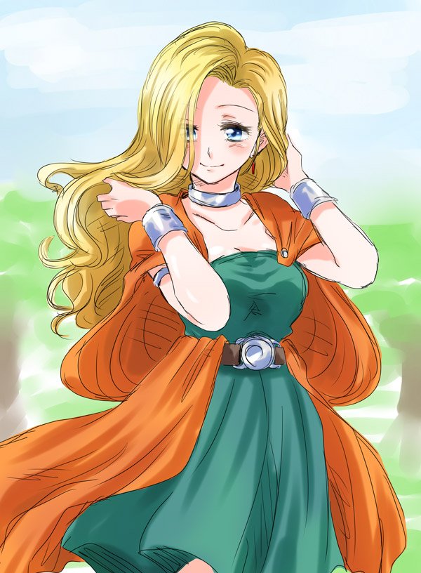 1girl alternate_hairstyle bianca blonde_hair blue_eyes blush breasts cleavage cloak dragon_quest dragon_quest_v dress hair_down smile solo unya