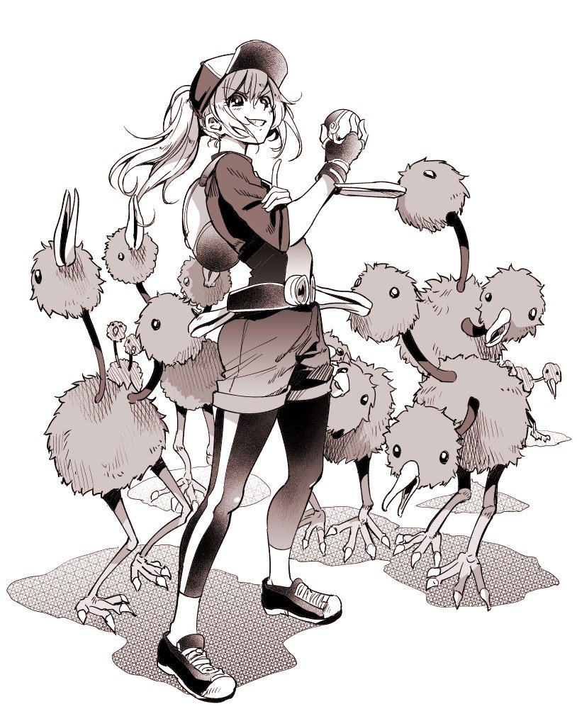 10s 1girl backpack bag bangs baseball_cap beak belt bonkara_(sokuseki_maou) commentary_request dodrio doduo female_protagonist_(pokemon_go) fingerless_gloves gloves grin hat index_finger_raised jacket long_hair looking_at_viewer monochrome pants pants_under_shorts poke_ball pokemon pokemon_(creature) pokemon_go ponytail shoes shorts sidelocks smile sneakers yoga