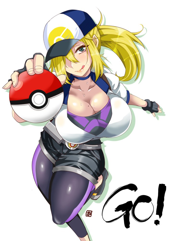 10s 1girl :q aoi_manabu baseball_cap belt bike_shorts black_gloves blonde_hair blush breasts choker cleavage collarbone female_protagonist_(pokemon_go) fingerless_gloves foreshortening gloves green_eyes hair_over_one_eye hat large_breasts leggings looking_at_viewer mole mole_on_breast poke_ball pokemon pokemon_go ponytail short_shorts shorts smile solo sweat tongue tongue_out