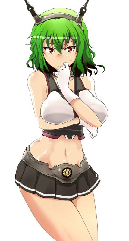 &gt;:) 1girl alternate_costume bare_shoulders black_skirt breast_hold breasts cleavage cosplay cowboy_shot gloves green_hair groin hairband haji_(hajiko) headgear kantai_collection kazami_yuuka large_breasts looking_at_viewer medium_breasts midriff miniskirt mutsu_(kantai_collection) mutsu_(kantai_collection)_(cosplay) pleated_skirt radio_antenna red_eyes short_hair skirt sleeveless solo sweat touhou tsurime white_background white_gloves