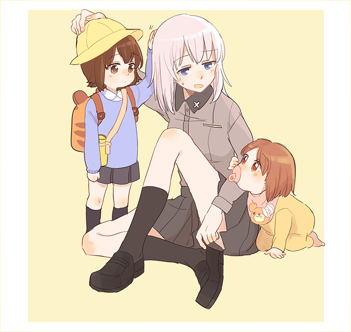 3girls age_difference backpack bag bangs bear_print black_legwear black_shoes black_skirt blue_eyes boko_(girls_und_panzer) brown_eyes brown_hair dress_shirt girl_sandwich girls_und_panzer grey_shirt hand_on_another's_head hat itsumi_erika kei_(785944216) kindergarten_uniform loafers long_hair long_sleeves looking_at_another miniskirt multiple_girls nishizumi_maho nishizumi_miho onesie open_mouth pacifier pleated_skirt sandwiched school_hat school_uniform shirt shoes short_hair siblings silver_hair simple_background sisters sitting sketch skirt socks standing sweatdrop time_paradox toddler yellow_background