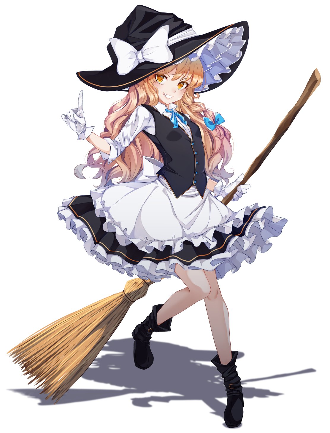 1girl apron bangs black_footwear black_headwear black_skirt black_vest blonde_hair blue_bow blue_neckwear blue_ribbon boots bow braid broom commentary frilled_apron frills full_body gloves grin hair_bow hand_up hat hat_bow head_tilt highres holding holding_broom index_finger_raised kirisame_marisa long_hair looking_at_viewer miniskirt neck_ribbon paburisiyasu petticoat ribbon shadow simple_background single_braid skirt smile solo touhou v-shaped_eyebrows vest waist_apron white_apron white_background white_bow white_gloves witch_hat yellow_eyes