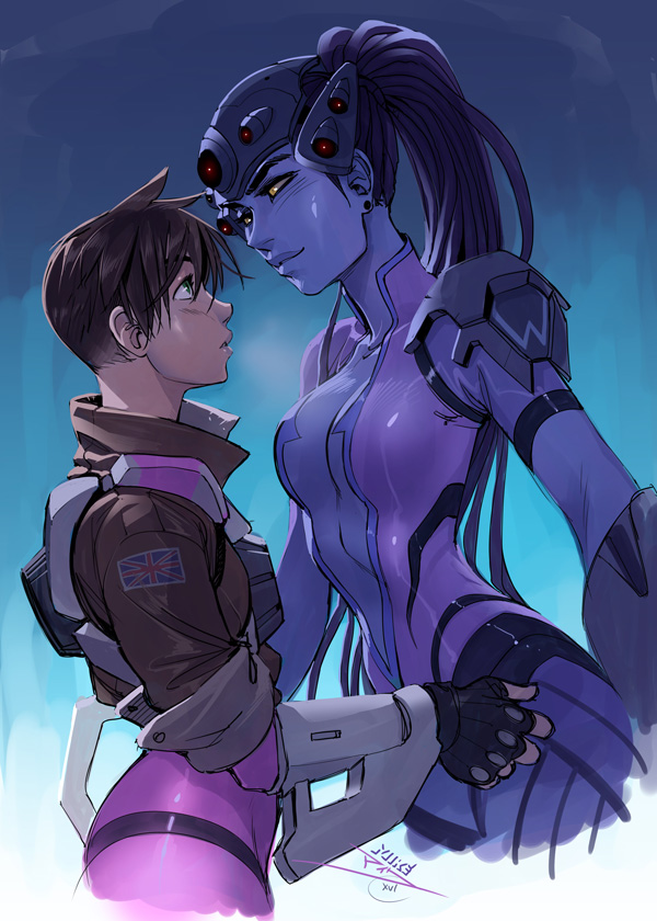 2girls breasts brown_hair cleavage eye_contact height_difference jacket looking_at_another mike_nesbitt multiple_girls overwatch purple_hair purple_skin tracer_(overwatch) visor widowmaker_(overwatch) yuri