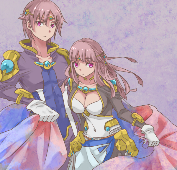 1boy 1girl akimoto_(akimomomoto) ariel_org breasts brother_and_sister cape circlet cleavage collarbone covered_navel duvan_org gloves long_hair purple_hair real_robot_regiment siblings the_2nd_super_robot_wars_og violet_eyes