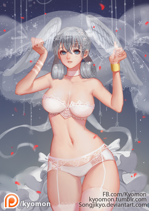 1girl angel_wings arms_up artist_name blue_eyes bra breasts bridal_veil choker cleavage collarbone contrapposto cowboy_shot curly_hair garter_belt garter_straps hair_between_eyes head_wings lace lace-trimmed_bra large_breasts light_smile melia navel panties parted_lips patreon red_lips see-through silver_hair solo songjikyo standing stomach thigh-highs thigh_gap thighs underwear underwear_only veil watermark web_address white_bra white_legwear white_panties white_wings wings wristband xenoblade