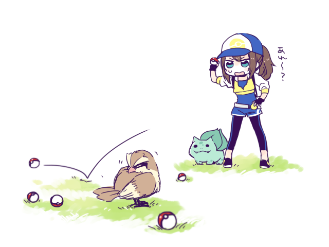 10s 1girl baseball_cap beak belt black_gloves black_pants black_shoes blue_eyes blue_hat brown_hair bulbasaur closed_mouth commentary_request cropped_jacket failure female_protagonist_(pokemon_go) fingerless_gloves full_body gloves hat holding holding_poke_ball jacket kanitama_(putyourhead) long_sleeves motion_lines pants pidgey poke_ball pokemon pokemon_(creature) pokemon_(game) pokemon_go ponytail rectangular_mouth shoes simple_background sketch solid_circle_eyes standing sweatdrop talons white_background yellow_jacket
