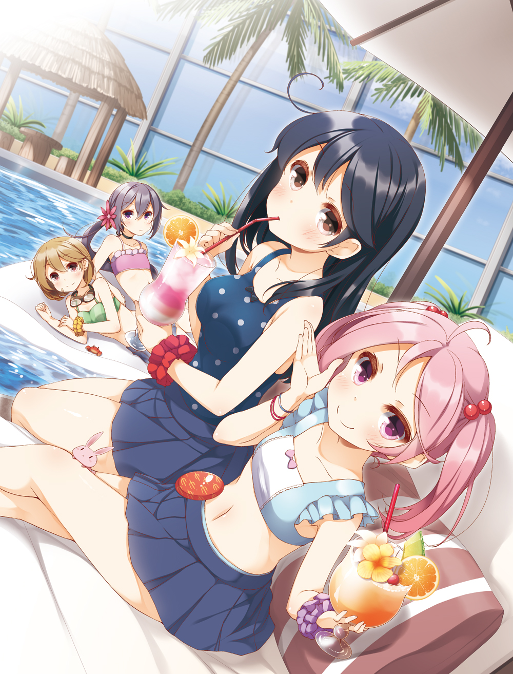 4girls ahoge akebono_(kantai_collection) bandaid bandaid_on_face bandeau bangs bare_shoulders bikini_top black_hair blue_skirt brown_hair building casual_one-piece_swimsuit choker closed_mouth cocktail commentary_request crab crop_top cup drinking drinking_glass drinking_straw dutch_angle flower food fruit goggles goggles_around_neck hair_bobbles hair_flower hair_ornament highres inflatable_raft kantai_collection legs_crossed legs_together long_hair lying midriff multiple_girls navel oboro_(kantai_collection) on_side one-piece_swimsuit orange orange_slice outdoors palm_tree pillow pink_eyes pink_hair pleated_skirt polka_dot polka_dot_swimsuit ponytail pool poolside purple_hair rabbit sazanami_(kantai_collection) scrunchie short_hair side-by-side side_ponytail skirt smile swimsuit swimsuit_under_clothes tree twintails umbrella ushio_(kantai_collection) water waving wrist_scrunchie wristband yume_no_owari
