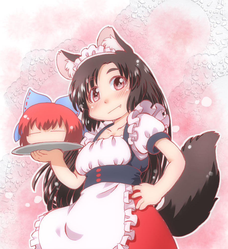 2girls adapted_costume alternate_costume animal_ears apron blush brown_hair closed_eyes cowboy_shot disembodied_head doily enmaided expressionless fang fang_out gradient gradient_background hair_ribbon hand_on_hip head imaizumi_kagerou long_hair looking_at_viewer maid maid_apron maid_headdress matty_(zuwzi) multiple_girls pink_background puffy_short_sleeves puffy_sleeves red_eyes redhead ribbon saucer sekibanki short_sleeves tail touhou tray underbust wolf_ears wolf_tail