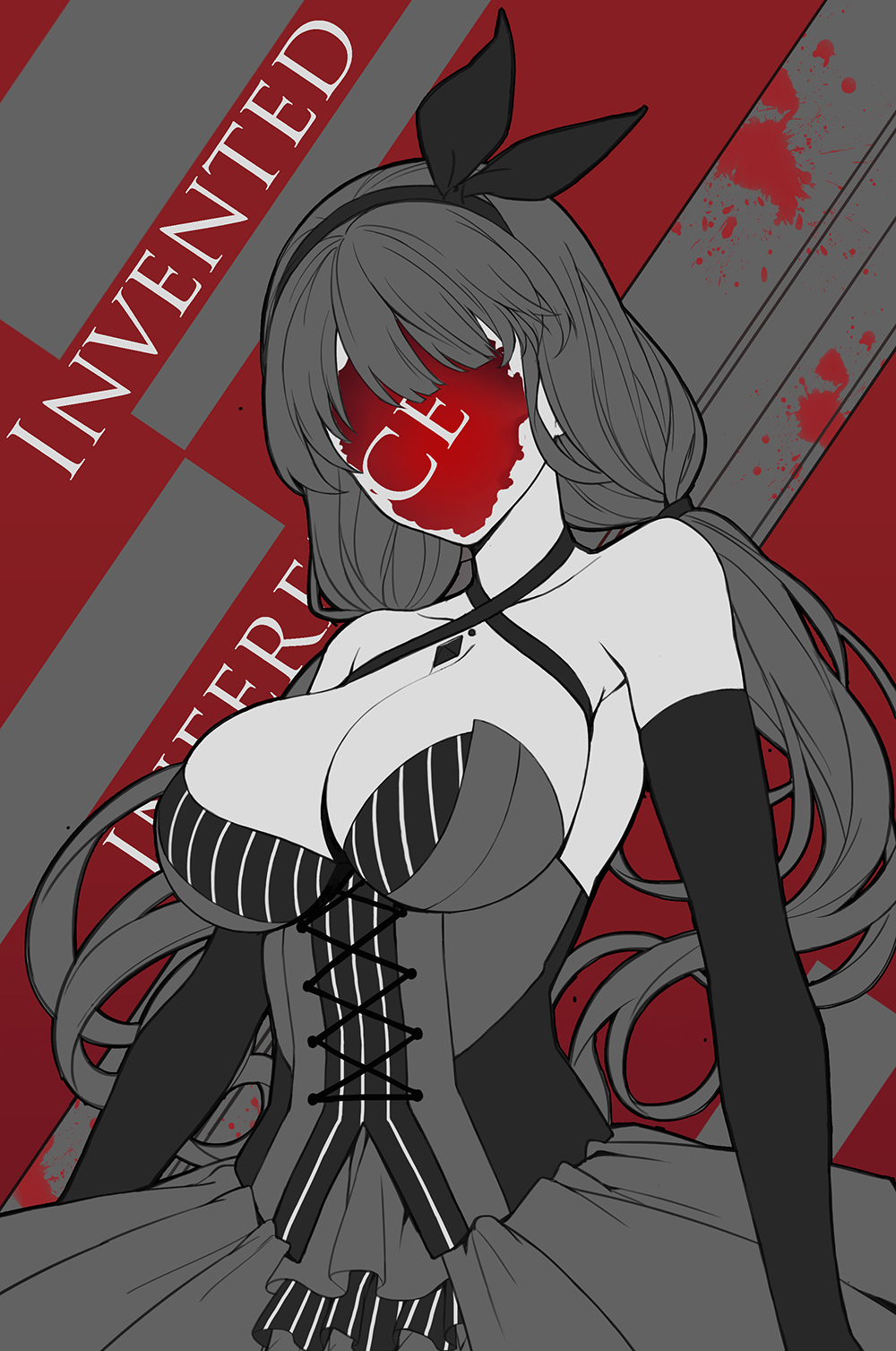 1girl breasts copyright_name cross-laced_clothes dress elbow_gloves faceless female gloves hagane_hito_nanase hairband highres kyokou_suiri large_breasts llc long_hair low_twintails monochrome solo spot_color twintails