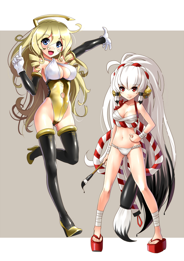 2girls :d arm_up bare_shoulders bell black_hair blonde_hair blue_eyes blush boots breasts calligraphy_brush cleavage collarbone detached_sleeves fountain_pen full_body gloves gluteal_fold hair_bell hair_ornament high_heel_boots high_heels jingle_bell katahira_masashi large_breasts long_hair looking_at_viewer multicolored_hair multiple_girls navel open_mouth original paintbrush pen personification platform_clogs platform_footwear red_eyes sarashi simple_background smile thigh-highs thigh_boots two-tone_hair very_long_hair white_gloves white_hair