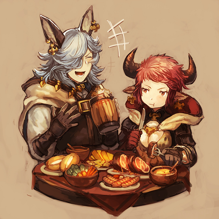 1boy 1girl :t alcohol animal_ears bangs beer beer_mug blue_hair blush bowl bread breasts brown_background brown_gloves cleavage cloak closed_eyes cow_horns doraf drunk_(granblue_fantasy) earrings eating erun_(granblue_fantasy) flipped_hair food fork gloves granblue_fantasy hair_over_one_eye holding holding_fork holding_knife hood hood_down hooded_cloak horns jewelry knife laughing long_hair long_sleeves looking_at_another meat mismatched_gloves one_eye_covered open_mouth redhead sausage short_hair side-by-side smile spaulders strum_(granblue_fantasy) table tablecloth upper_body vegetable zinnkousai3850