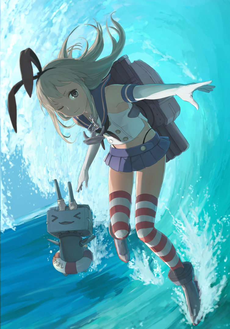1girl anchor anchor_hair_ornament black_panties blonde_hair commentary_request crop_top elbow_gloves gloves grey_eyes hair_ornament hair_ribbon hairband highleg highleg_panties kantai_collection long_hair looking_at_viewer microskirt ocean one_eye_closed panties rensouhou-chan ribbon sailor_collar shimakaze_(kantai_collection) skirt smile solo striped striped_legwear surfing thigh-highs thong underwear water waves white_gloves youmak