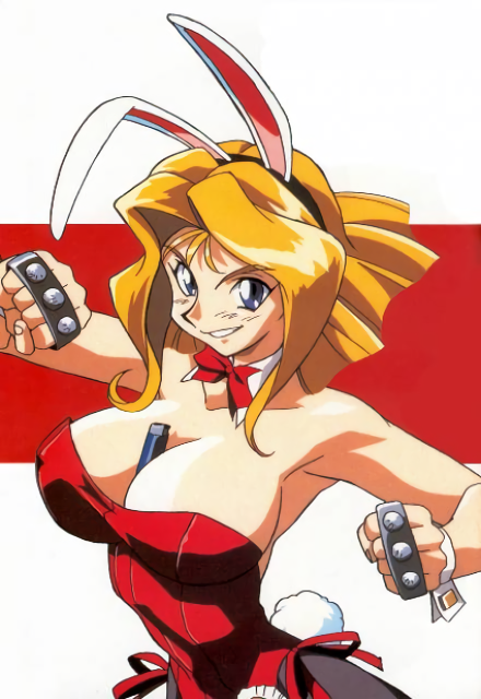 1girl 90s animal_ears between_breasts blonde_hair blue_eyes brass_knuckles breasts bunnysuit cleavage detached_collar erilin_goldsmith grin large_breasts official_art pantyhose rabbit_ears short_hair side-tie_leotard smile variable_geo weapon