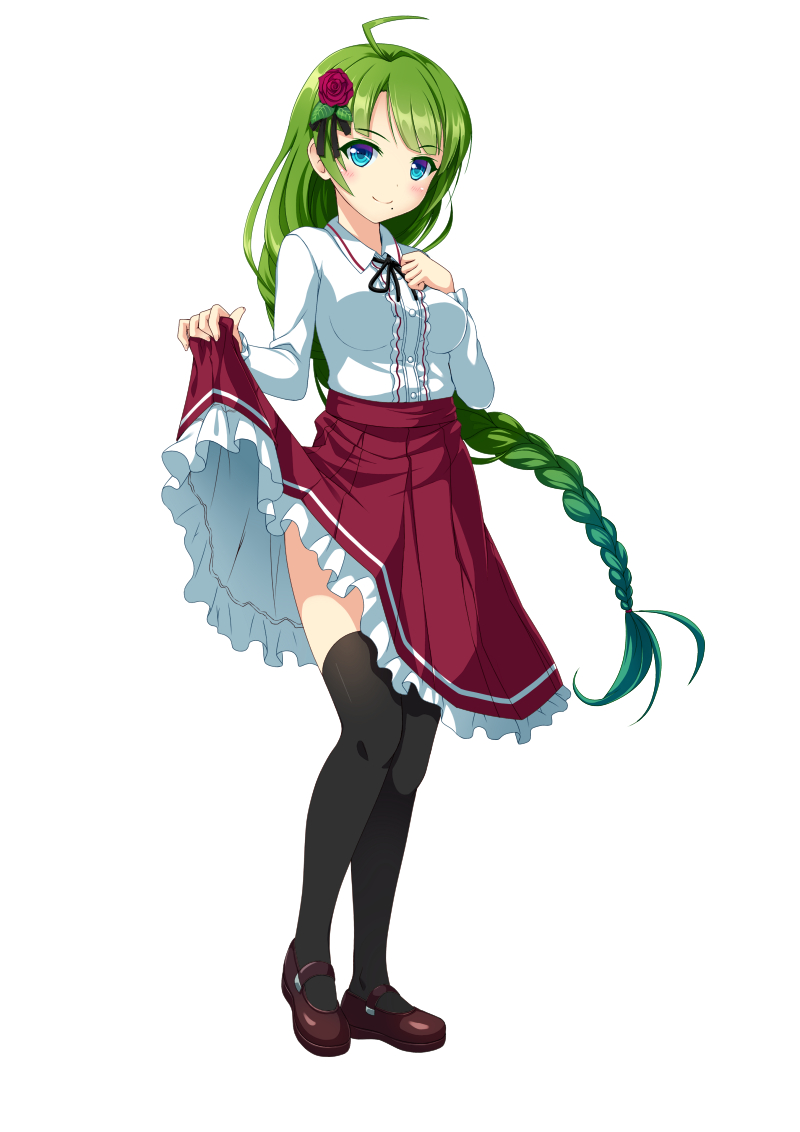 1girl ahoge alternate_costume bangs black_legwear black_ribbon blue_eyes blush braid breasts brown_shoes center_frills closed_mouth eyebrows eyebrows_visible_through_hair flower frilled_skirt frills full_body gradient_hair green_hair hair_flower hair_ornament hand_on_own_chest kantai_collection kasaran_(e_kisama) leaf_hair_ornament long_hair long_sleeves looking_at_viewer mary_janes medium_breasts mole mole_under_mouth multicolored_hair neck_ribbon over-kneehighs red_skirt ribbon shoes simple_background single_braid skirt skirt_lift smile solo standing thigh-highs two-tone_hair very_long_hair virgin_killer_outfit white_background yuugumo_(kantai_collection) zettai_ryouiki