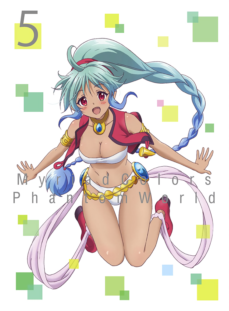 1girl :d ahoge armlet blue_hair blush braid breasts cleavage copyright_name dark_skin fang full_body gradient_hair green_hair long_hair looking_at_viewer midriff multicolored_hair musaigen_no_phantom_world navel official_art open_mouth outstretched_arms panties ponytail red_eyes red_shoes ruru_(phantom_world) shoes smile solo underwear very_long_hair white_panties