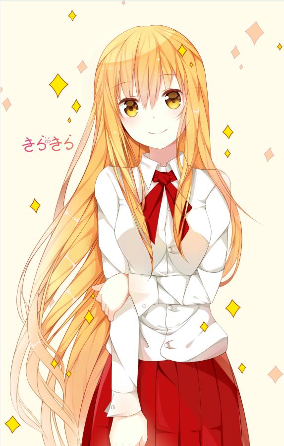 1girl blonde_hair doma_umaru hate_ani_hikae himouto!_umaru-chan long_hair looking_at_viewer red_skirt school_uniform skirt smile solo very_long_hair yellow_eyes