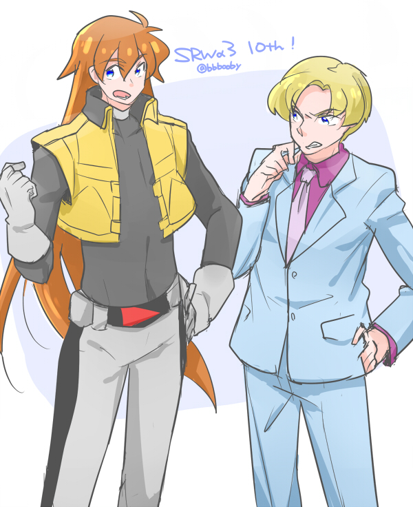 2boys 90s akimoto_(akimomomoto) anniversary blonde_hair blue_eyes cowboy_shot cropped_vest formal gloves gundam gundam_seed hand_on_hip hiyama_nobuyuki long_hair multiple_boys muruta_azrael necktie orange_hair seiyuu_connection shishiou_gai suit the_3rd_super_robot_wars_alpha twitter_username yuusha_ou_gaogaigar yuusha_series