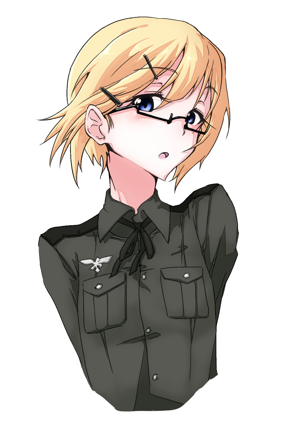 1girl alternate_hairstyle black-framed_eyewear blonde_hair blue_eyes eyebrows eyebrows_visible_through_hair glasses hair_ornament hairclip highres looking_at_viewer military military_uniform nasubi4499 semi-rimless_glasses short_hair simple_background solo strike_witches under-rim_glasses uniform upper_body ursula_hartmann white_background