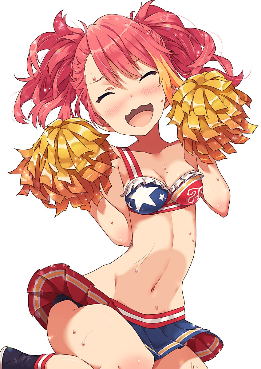 1girl alternate_hairstyle blush cheerleader closed_eyes highres idolmaster idolmaster_million_live! maihama_ayumu midriff multicolored_hair narumi_arata navel open_mouth pink_hair pom_poms skirt solo sweat twintails two_side_up wavy_mouth