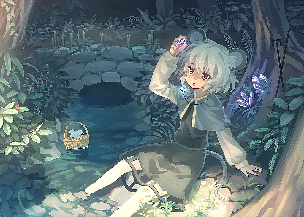 1girl :o animal_ears arm_support bangs basket black_dress capelet commentary_request crystal dowsing_rod dress fern gem glowing grey_hair hand_up holding in_basket jewelry long_sleeves mouse mouse_ears mouse_tail nature nazrin on_ground orita_enpitsu outdoors pendant plant puffy_long_sleeves puffy_sleeves river rock soaking_feet solo stream sunlight tail touhou tree tree_shade yellow_eyes