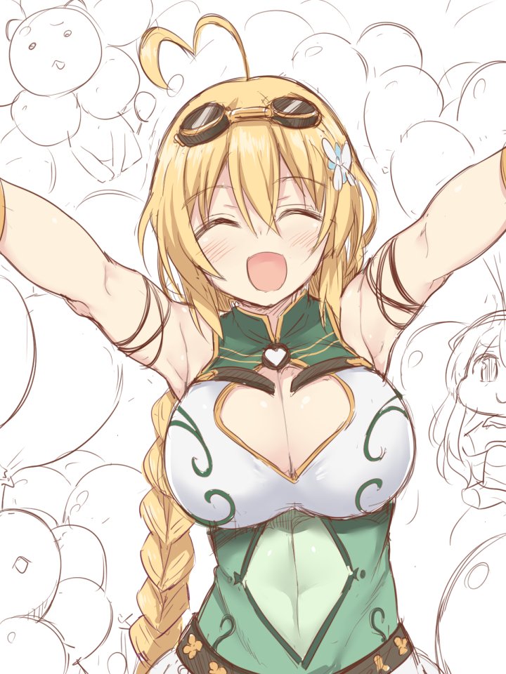 1girl ahoge armpits balloon balloon_vine_(flower_knight_girl) blonde_hair braid breasts cleavage cleavage_cutout closed_eyes facing_viewer flower_knight_girl goggles goggles_on_head large_breasts long_hair morino_harifu outstretched_arms shirt sketch smile solo spread_arms upper_body white_background
