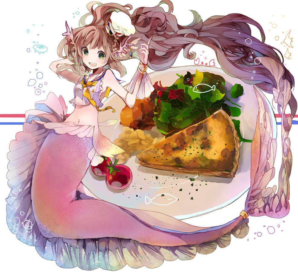 1girl :d blush brown_hair chef_hat cherry_tomato crab crop_top fish food full_body green_eyes hand_behind_head hat head_fins index_finger_raised jellyfish long_hair mermaid monster_girl navel open_mouth original plate quiche sailor_collar satsuan0120 shirt sleeveless sleeveless_shirt smile solo very_long_hair white_background white_hat