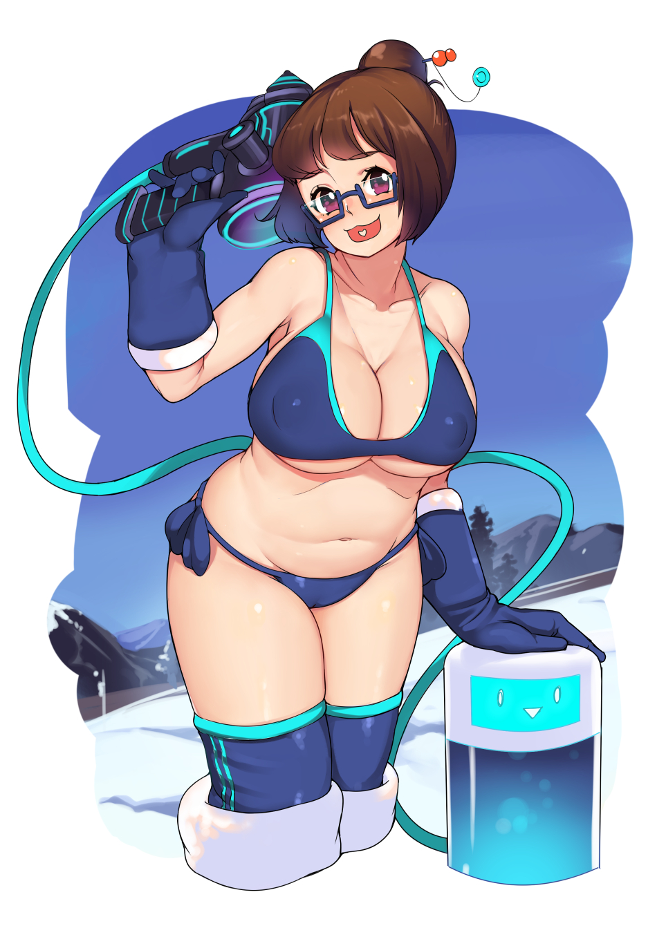 1girl beads bikini black-framed_eyewear boots breasts brown_hair cleavage glasses gloves hair_bun hair_ornament hair_stick heart heart_in_mouth highres large_breasts looking_at_viewer mei_(overwatch) navel overwatch plump rumo short_hair smile snow solo swimsuit