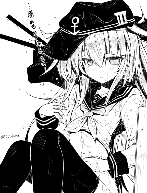 1girl ai_takurou anchor_symbol bangs blush bottomless eyebrows eyebrows_visible_through_hair flat_cap greyscale hair_between_eyes hand_on_own_stomach hat hibiki_(kantai_collection) kantai_collection long_hair long_sleeves looking_at_viewer monochrome navel neckerchief nose_blush school_uniform serafuku sidelocks simple_background sitting sketch solo stomach tears thigh-highs translation_request twitter_username wet wet_clothes white_background
