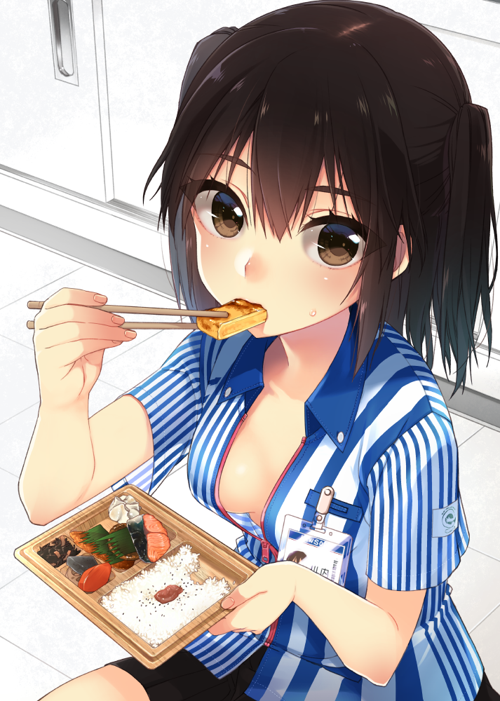 1girl alternate_costume blouse breasts brown_eyes brown_hair checkered checkered_floor chopsticks cleavage collarbone convenience_store eating employee_uniform from_above hair_between_eyes head_tilt indoors kantai_collection ko_ru_ri lawson looking_at_viewer lunchbox no_bra obentou open_blouse open_clothes outside_border sendai_(kantai_collection) shop sideboob solo striped_blouse two_side_up unbuttoned uniform