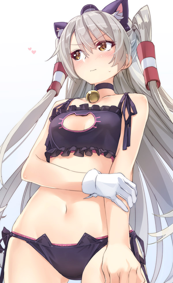 1girl 3: amatsukaze_(kantai_collection) animal_ears bell bell_choker black_bra black_panties blush bra breasts cat_cutout cat_ear_panties cat_ears cat_lingerie choker cleavage_cutout collarbone embarrassed fake_animal_ears gloves hair_between_eyes hat jingle_bell kantai_collection long_hair looking_away md5_mismatch medium_breasts mini_hat navel panties side-tie_panties silver_hair single_glove solo standing twintails two_side_up underwear underwear_only very_long_hair white_gloves yahako yellow_eyes