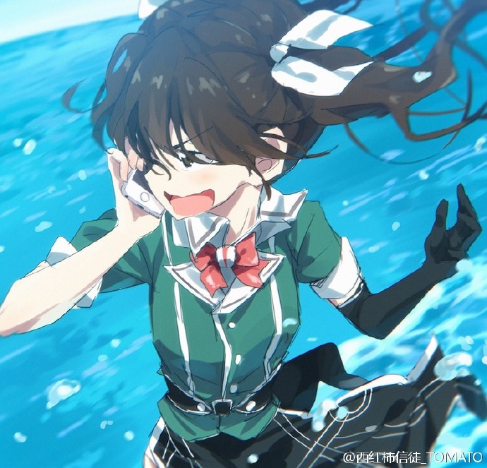 1girl artist_name black_gloves black_skirt blue_background blurry bow bowtie brown_eyes brown_hair buttons cellphone chromatic_aberration droplet elbow_gloves gloves green_jacket hair_between_eyes hair_ribbon holding_phone jacket kantai_collection open_mouth phone red_bow red_bowtie ribbon short_sleeves single_glove sketch skirt smartphone solo talking_on_phone text tomato_(lsj44867) tone_(kantai_collection) tongue twintails upper_body water watermark weibo_username white_ribbon