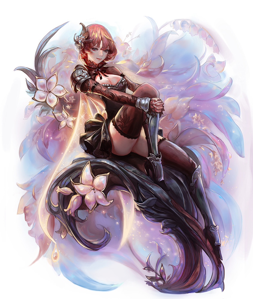 1girl armor breasts brown_hair chocofing_r cleavage closed_mouth flower full_body hair_ornament hands_clasped high_heels leg_hug long_sleeves nail_polish original red_legwear red_nails short_hair sitting smile solo thigh-highs