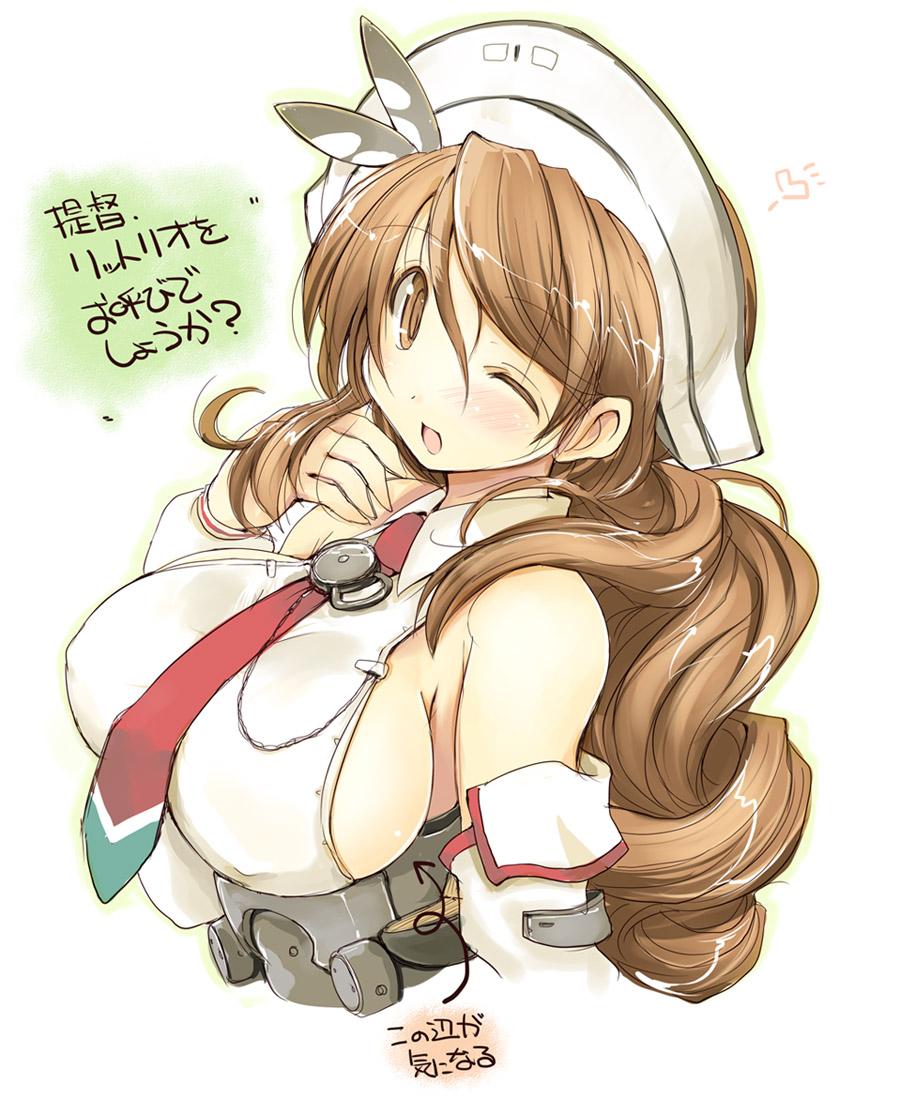 1girl bangs blush breasts brown_eyes brown_hair collared_shirt detached_sleeves directional_arrow erect_nipples eyebrows eyebrows_visible_through_hair hair_between_eyes hand_up headdress kantai_collection large_breasts littorio_(kantai_collection) long_hair long_sleeves looking_at_viewer necktie one_eye_closed open_mouth sakaki_(noi-gren) shirt sideboob sidelocks simple_background sleeveless smile solo translation_request upper_body wavy_hair white_background white_shirt