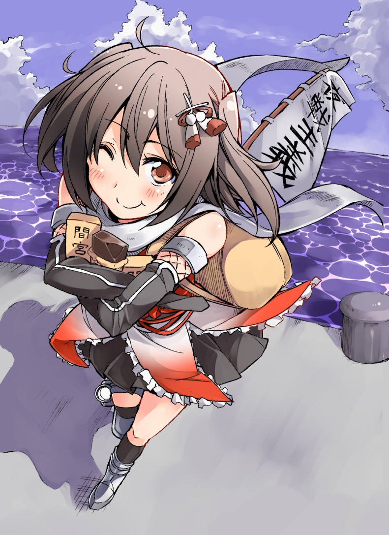 1girl ;) ahoge backpack bag bare_shoulders bibi black_legwear black_skirt blue_sky brown_eyes brown_hair clouds elbow_gloves food gloves hair_ornament kantai_collection kneehighs looking_at_viewer object_hug one_eye_closed remodel_(kantai_collection) scarf school_uniform searchlight sendai_(kantai_collection) serafuku skirt sky smile solo translation_request two_side_up wagashi water white_scarf youkan_(food)