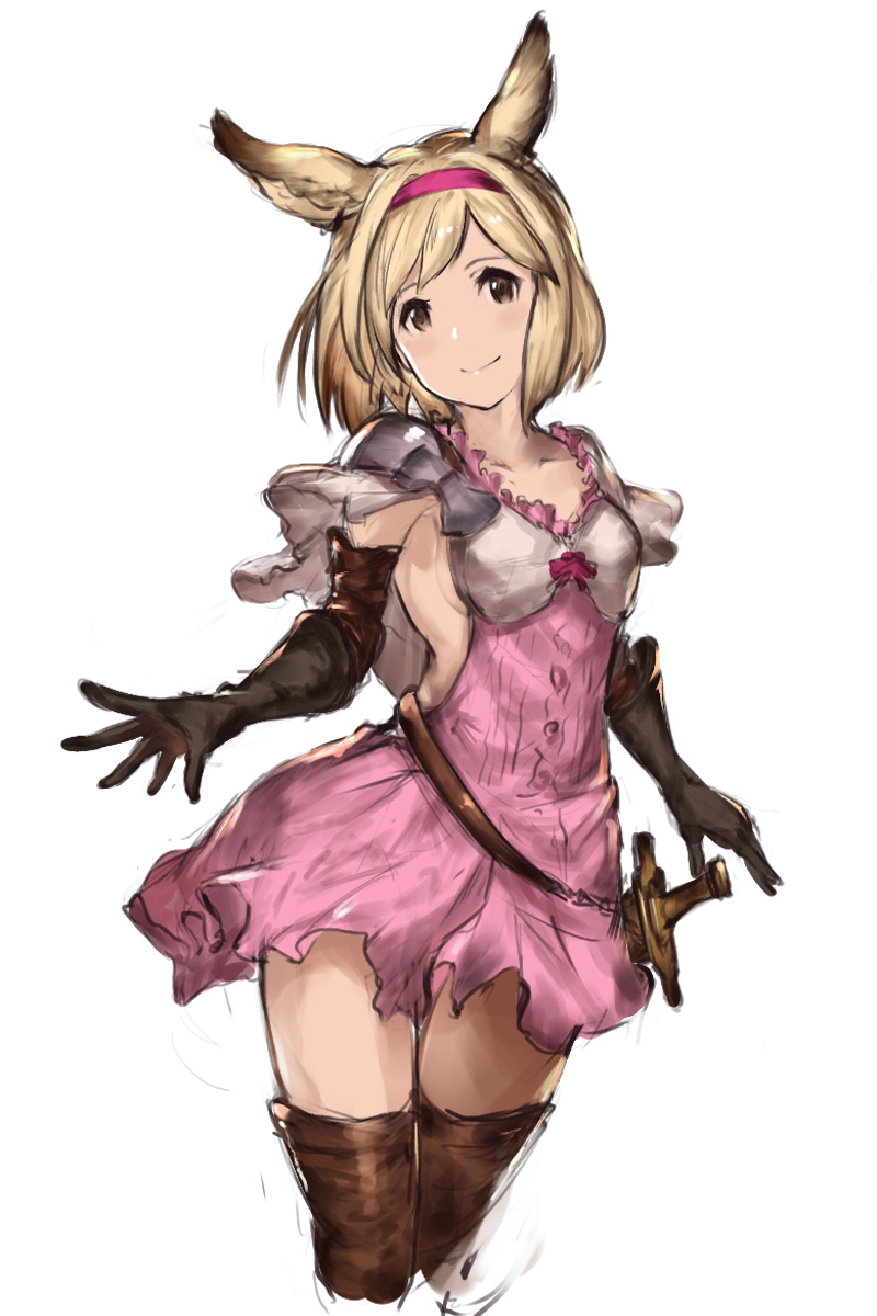 1girl animal_ears blonde_hair boots breasts brown_eyes capelet cleavage collarbone commentary_request djeeta_(granblue_fantasy) dress elbow_gloves erun_(granblue_fantasy) fighter_(granblue_fantasy) gloves granblue_fantasy hairband highres kemonomimi_mode looking_at_viewer puffy_sleeves short_hair short_sleeves sideboob simple_background small_breasts smile solo thigh-highs white_background yashigaras