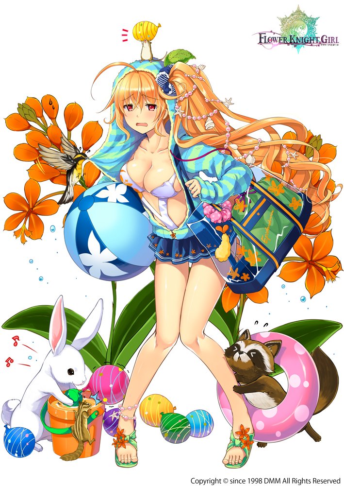 1girl ahoge animal animal_on_head anklet bag ball bangs bare_legs beachball beads bird blue_skirt blush breasts bucket casual_one-piece_swimsuit city_forest_online collarbone copyright_name epidendrum_(flower_knight_girl) flower flower_knight_girl food full_body grimace hair_beads hair_between_eyes hair_ornament hamster hood hooded_jacket innertube jacket jewelry knees_together_feet_apart leaning_forward long_hair long_sleeves looking_at_viewer miniskirt musical_note no_socks object_namesake official_art one-piece_swimsuit open_clothes open_jacket open_mouth orange_hair plant pleated_skirt rabbit raccoon red_eyes sandals scrunchie seashell shell shoulder_bag shrimp shrimp_tempura side_ponytail skirt sleeves_past_wrists squirrel standing striped swimsuit swimsuit_under_clothes tempura thigh_gap toes very_long_hair watermark wavy_hair white_background