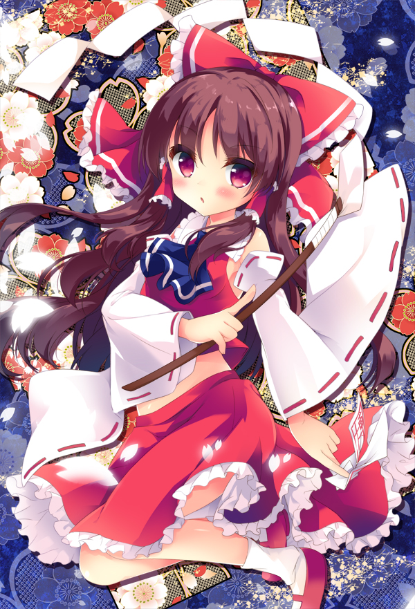 1girl :o ascot bare_shoulders between_fingers blue_ascot bow breasts brown_hair detached_sleeves eyebrows eyebrows_visible_through_hair floral_background frilled_bow frilled_shirt_collar frilled_skirt frills gohei hair_bow hair_tubes hakurei_reimu holding long_hair long_sleeves looking_at_viewer mary_janes natsuki_yuu_(amemizu) ofuda parted_lips red_bow red_eyes red_legwear red_shoes red_skirt ribbon-trimmed_sleeves ribbon_trim shoes sidelocks skirt small_breasts socks solo stick tareme touhou white_legwear wide_sleeves