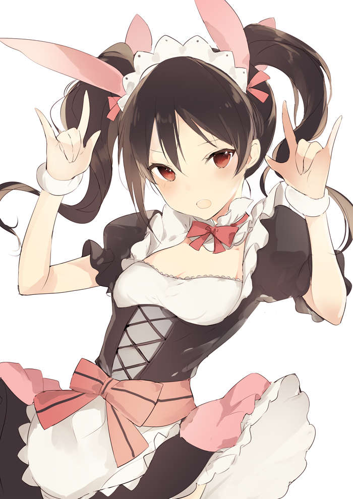 1girl :o \n/ alternate_costume apron arms_up black_dress black_hair blush bow bowtie breasts cleavage cleavage_cutout double_\n/ dress enmaided frilled_dress frills hair_bow hand_gesture head_tilt long_hair looking_at_viewer love_live! love_live!_school_idol_project lp_(hamasa00) lpip maid open_mouth pink_bow red_bow red_bowtie red_eyes small_breasts solo twintails underbust upper_body waist_apron white_apron wrist_cuffs yazawa_nico