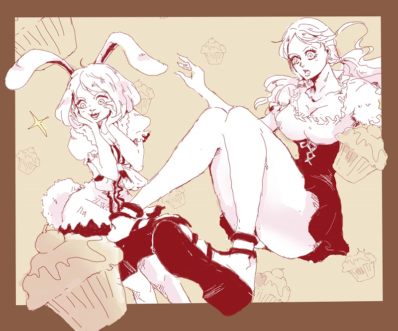 2girls artist_request carrot_(one_piece) cupcake furry monochrome multiple_girls nami_(one_piece) one_piece rabbit_ears source_request