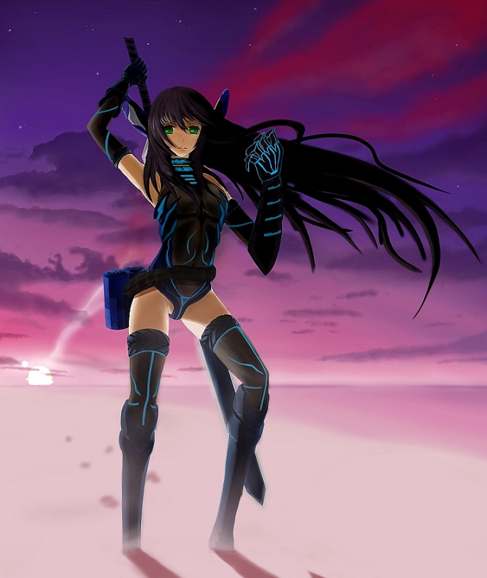 1girl black_gloves black_hair breasts gauntlets gloves green_eyes holding holding_sword holding_weapon inari_(ambercrown) long_hair looking_at_viewer outdoors solo sunset sword weapon