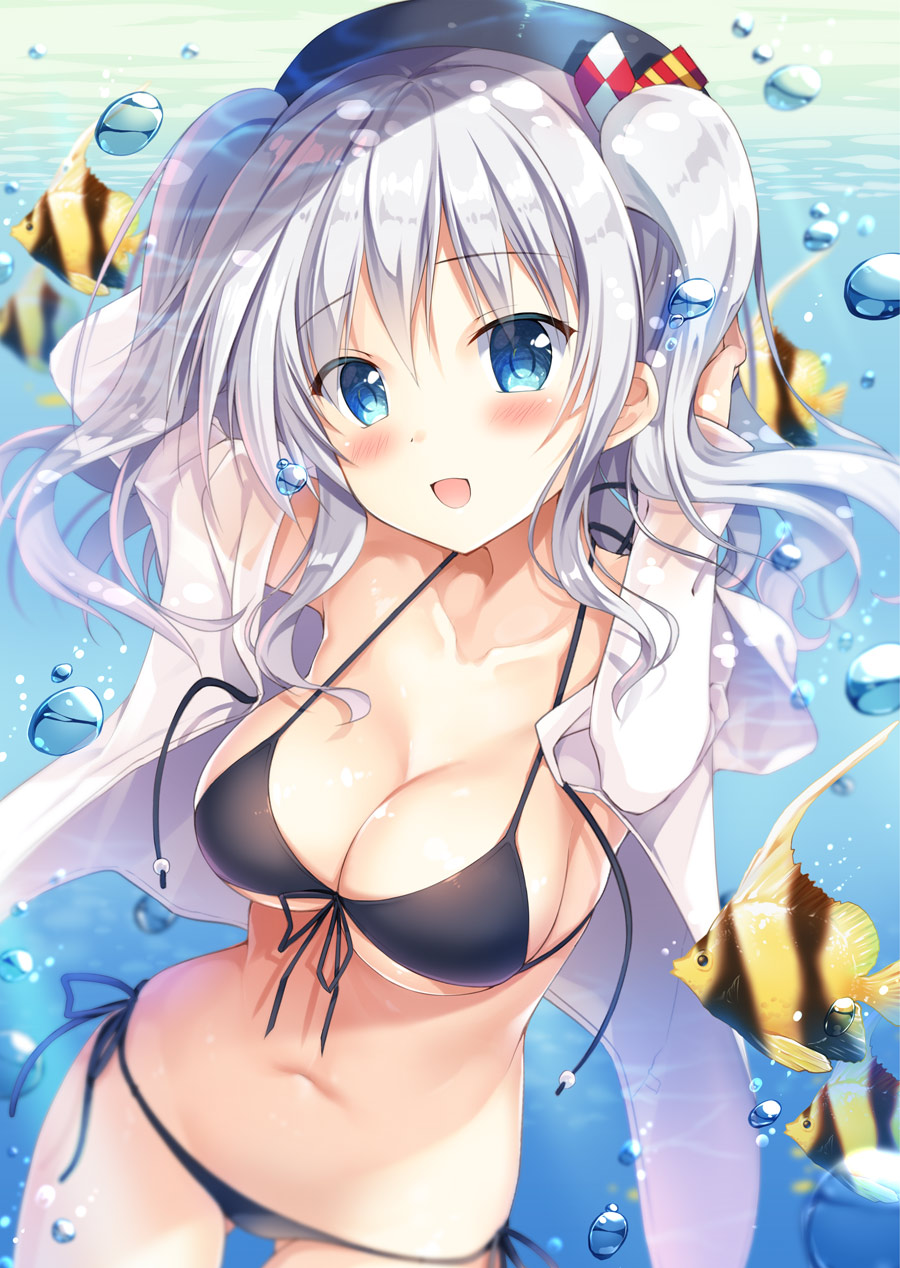 1girl beret bikini black_bikini blue_eyes blush breasts bubble cleavage collarbone commentary_request fish front-tie_top hat highres jacket kantai_collection kashima_(kantai_collection) large_breasts long_hair looking_at_viewer navel open_clothes open_jacket open_mouth side-tie_bikini sidelocks silver_hair smile solo sousouman swimsuit tsurime twintails underwater water wavy_hair