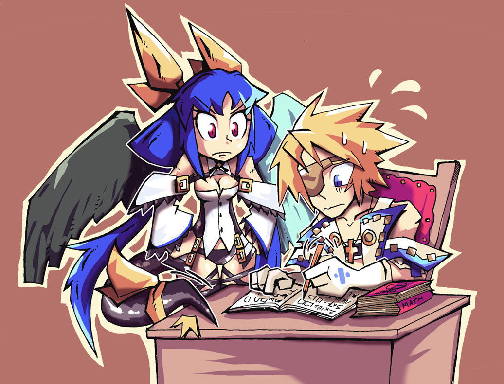 1boy 1girl blonde_hair blue_hair book breasts chair cleavage commentary desk dizzy eyepatch flying_sweatdrops gloves guilty_gear guilty_gear_xrd homework mother_and_son outline pencil red_eyes setz simple_background sin_kiske tail white_gloves writing