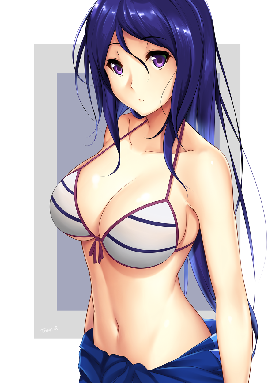 1girl artist_name bare_shoulders bikini bikini_top blue_hair breasts cleavage collarbone front-tie_bikini front-tie_top halter_top halterneck highres large_breasts long_hair looking_at_viewer love_live! love_live!_sunshine!! matsuura_kanan medium_breasts navel sarong sidelocks solo standing striped striped_bikini swimsuit tony_guisado upper_body violet_eyes