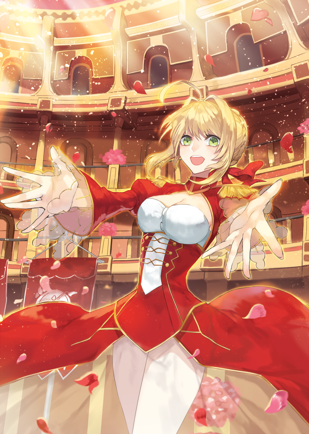 1girl aestus_domus_aurea ahoge bangs blonde_hair braid breasts cleavage coliseum crown_braid dress epaulettes fate/extra fate_(series) french_braid green_eyes hair_between_eyes hair_bun hair_ribbon highres long_sleeves outstretched_arms petals red_dress red_ribbon ribbon saber_extra see-through short_hair sidelocks solo yepnean